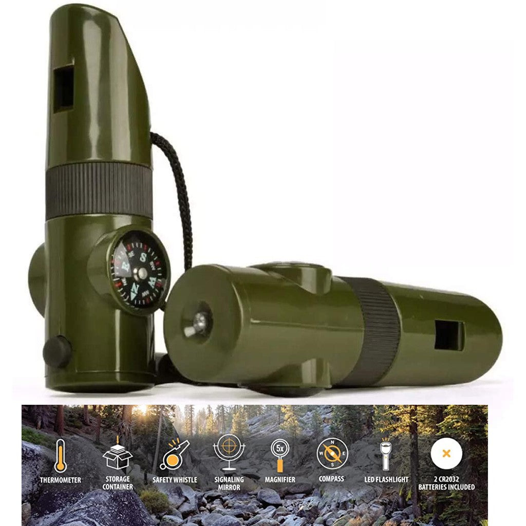 7-in-1 survival compass tool with whistle and signal mirror