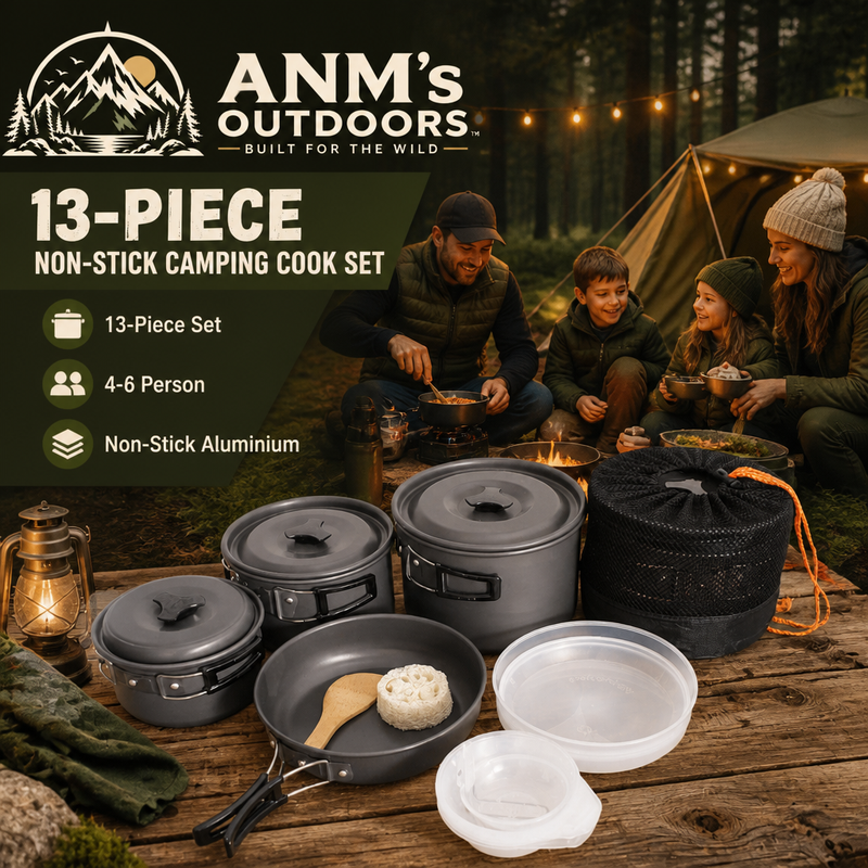 ANM's OUTDOORS 13-piece camping cook set ad creative with official logo