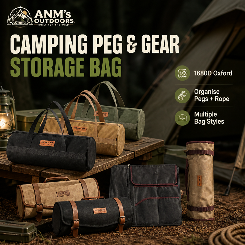 ANM's OUTDOORS camping peg and gear storage bag ad creative with small official logo