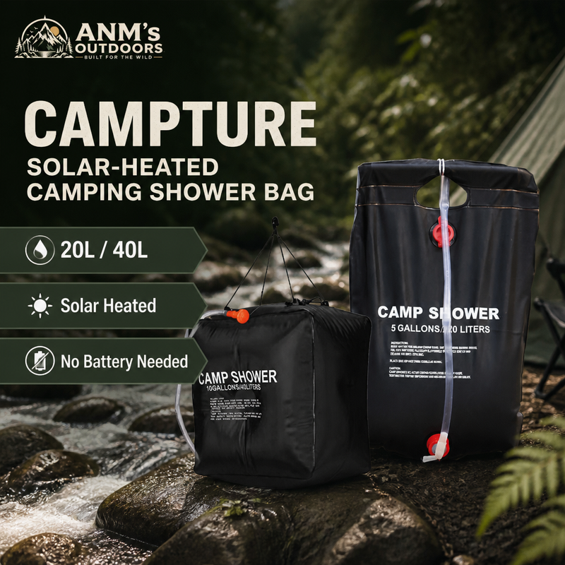 ANM's OUTDOORS CAMPTURE Solar-Heated Camping Shower Bag ad creative