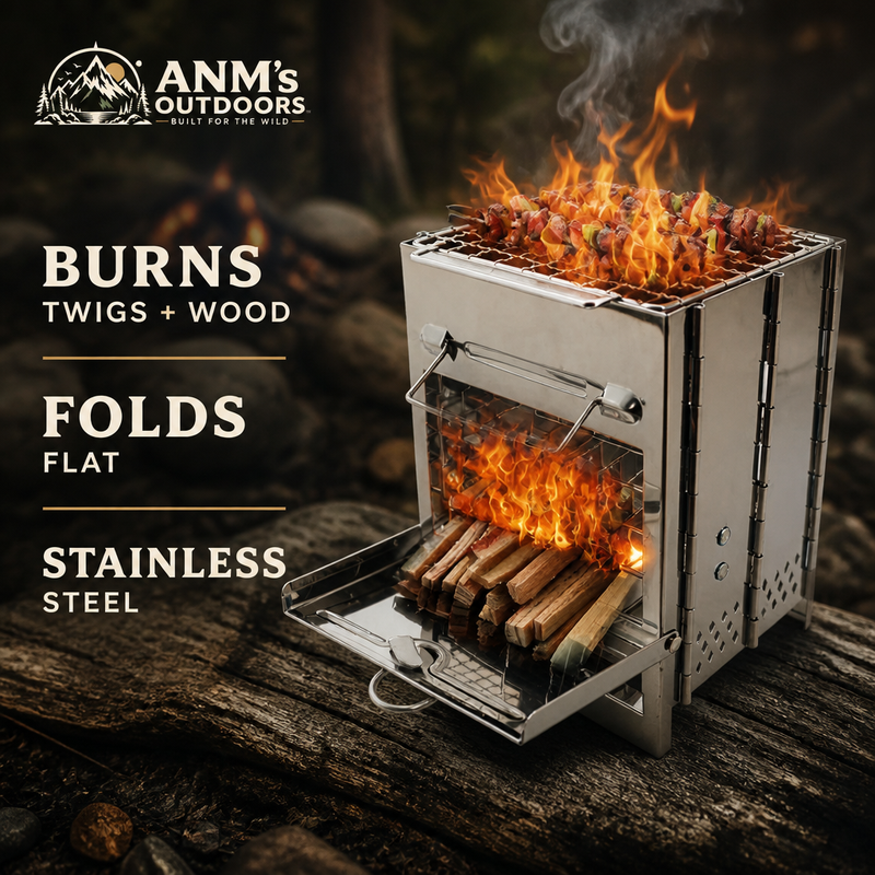 ANM's OUTDOORS folding wood-burning camping stove ad creative