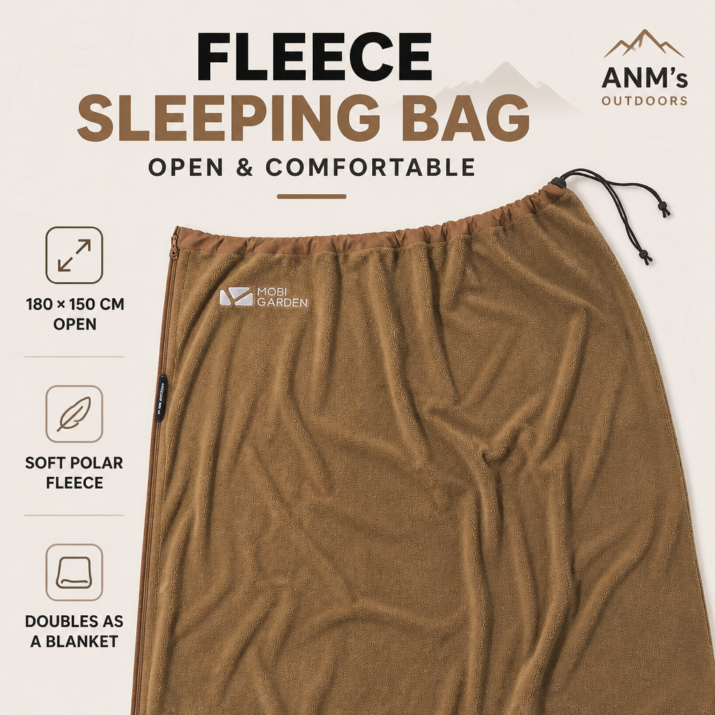 ANM's OUTDOORS fleece sleeping bag blanket information visual