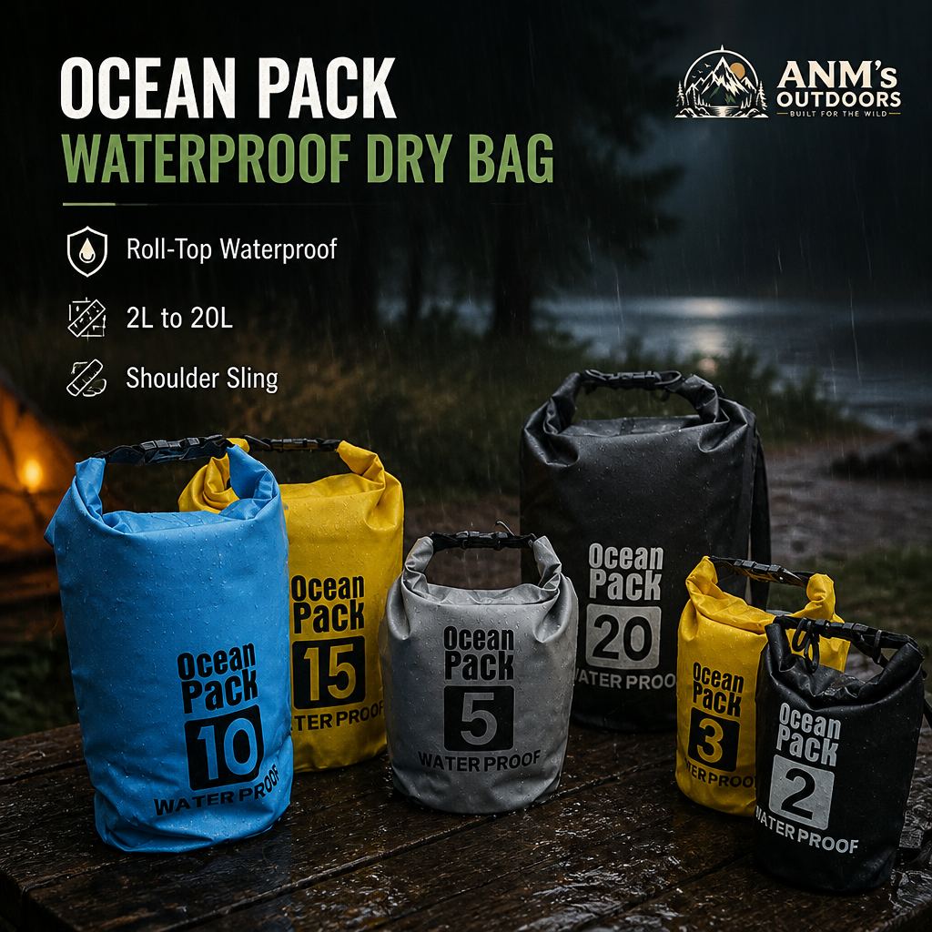 ANM's OUTDOORS Ocean Pack waterproof dry bag ad creative with small official logo