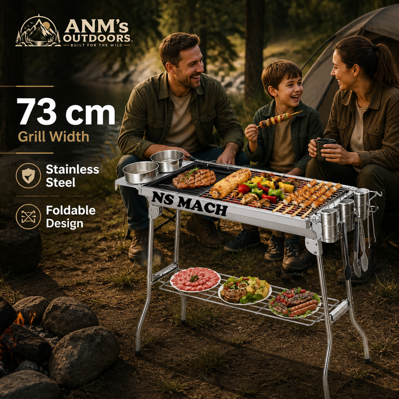 ANM's OUTDOORS premium stainless folding BBQ grill ad creative