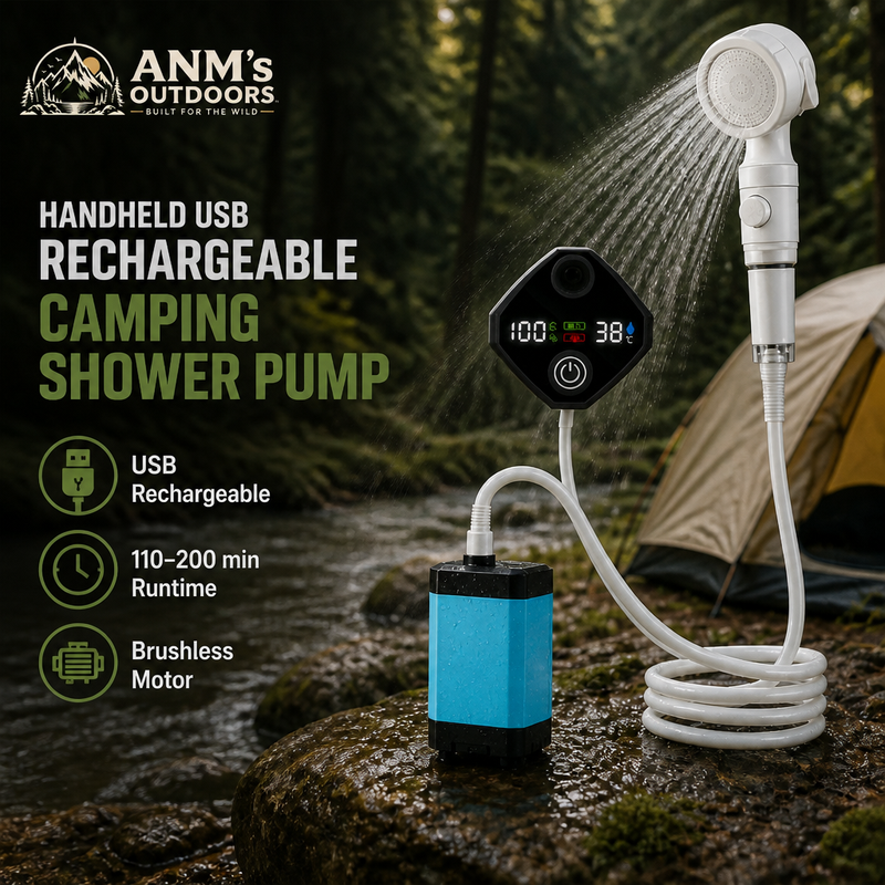 ANM's OUTDOORS Handheld USB Rechargeable Camping Shower Pump ad creative