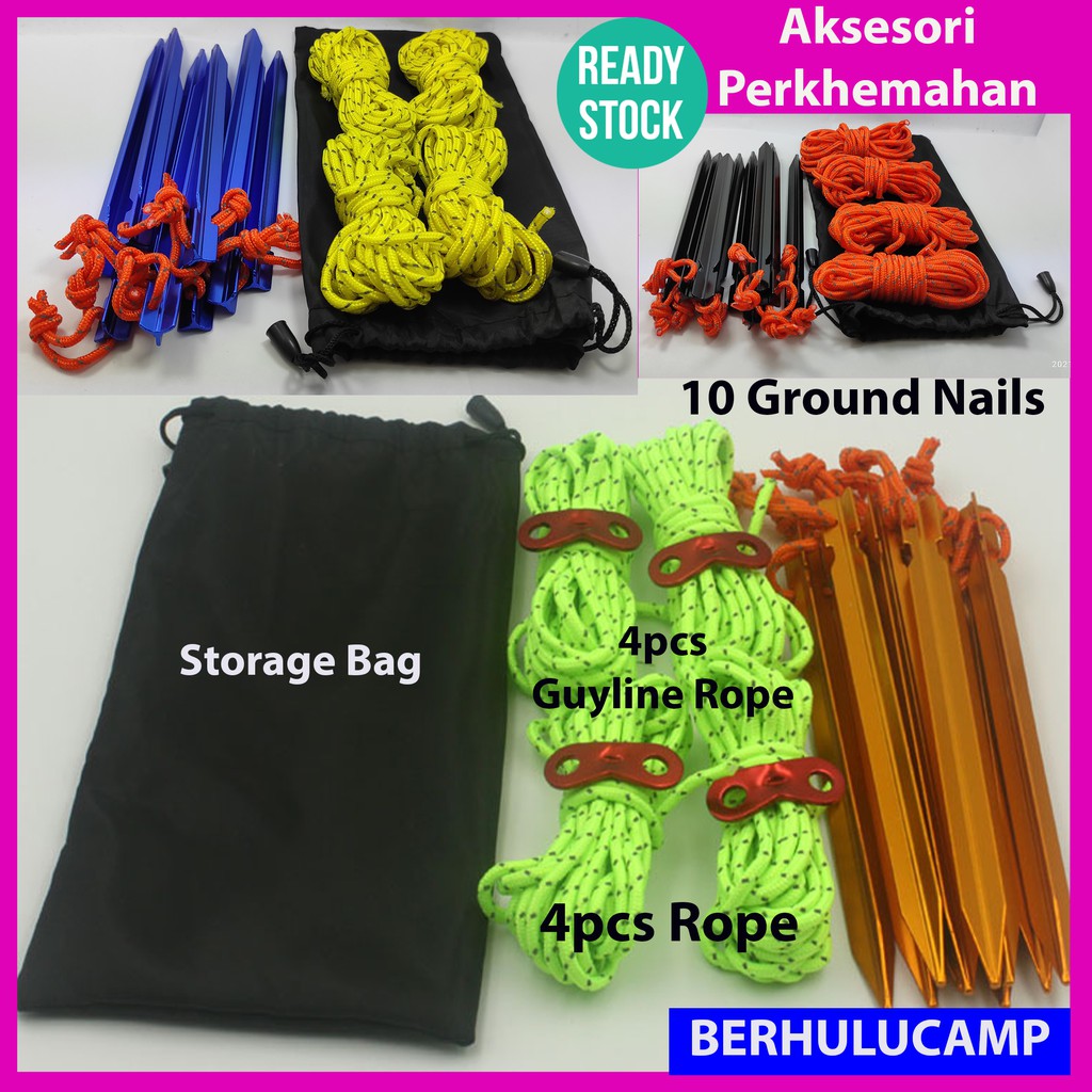 Aluminium tent peg and reflective guy rope set