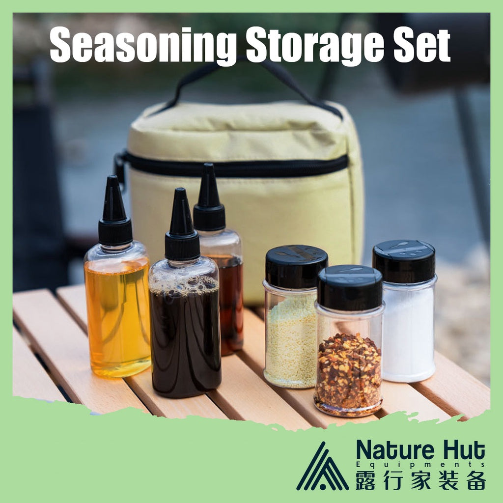 Camp seasoning set with six bottles and carry pouch