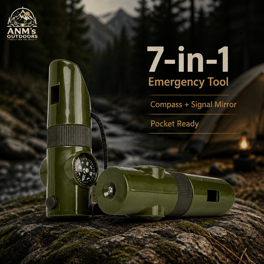 ANM's OUTDOORS 7-in-1 survival compass tool ad creative with small official logo