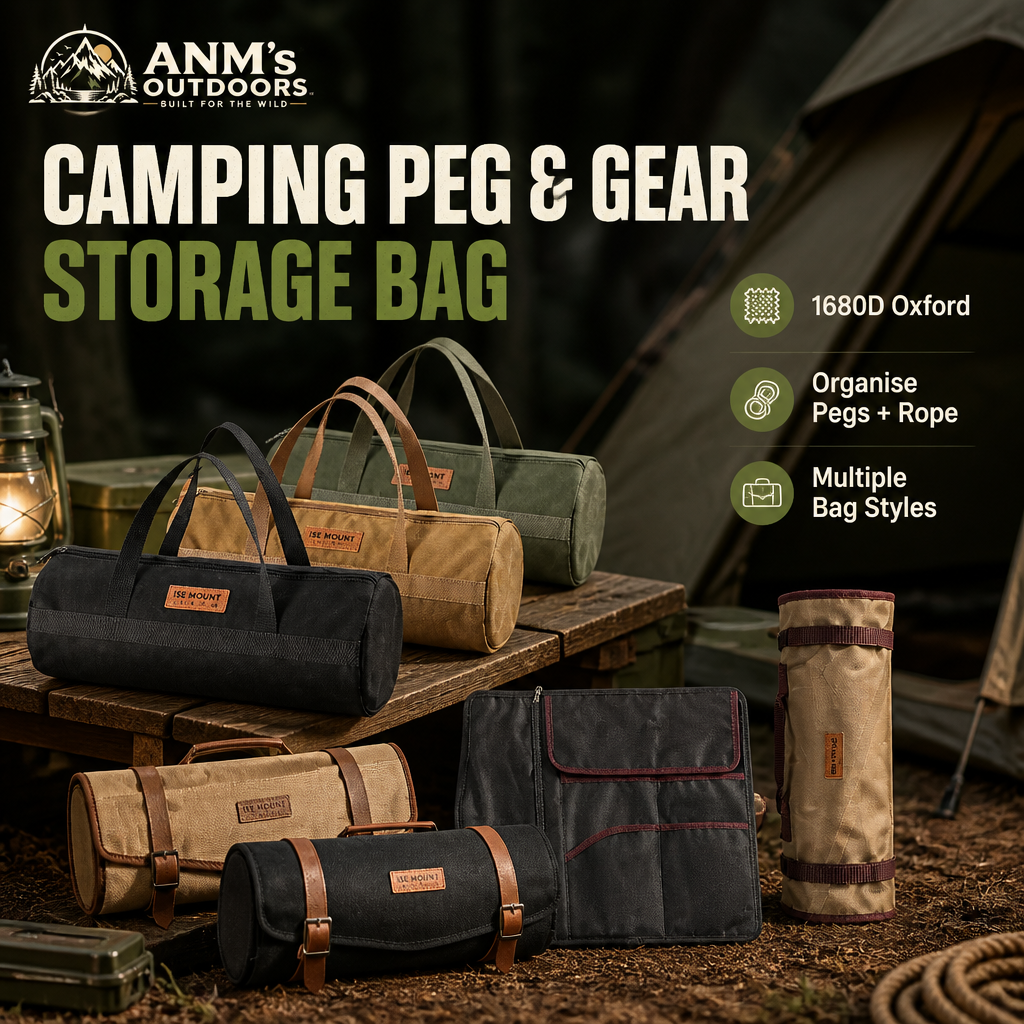 ANM's OUTDOORS camping peg and gear storage bag ad creative with small official logo