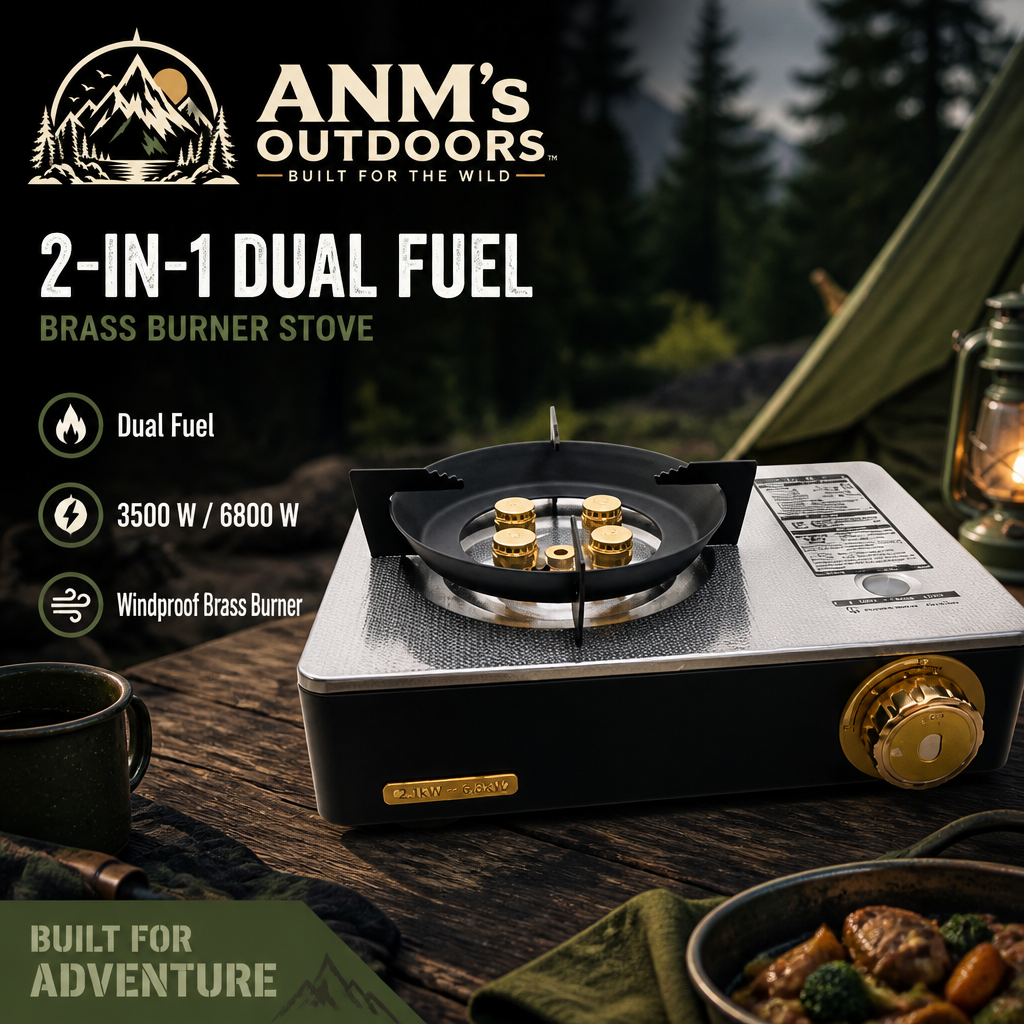 ANM's OUTDOORS dual fuel brass burner stove ad creative with official logo