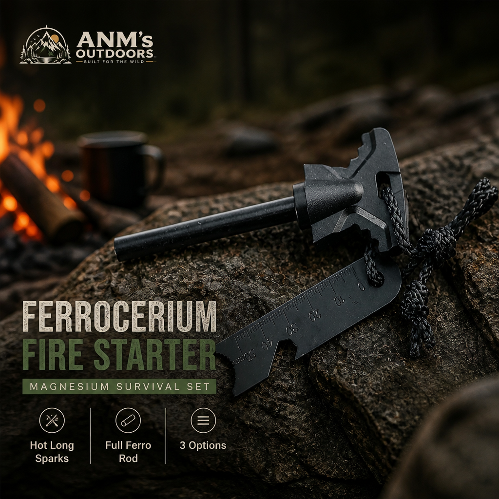 ANM's OUTDOORS ferrocerium rod fire starter ad creative with small official logo