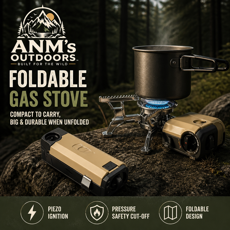 ANM's OUTDOORS foldable butane stove ad creative with official brand logo