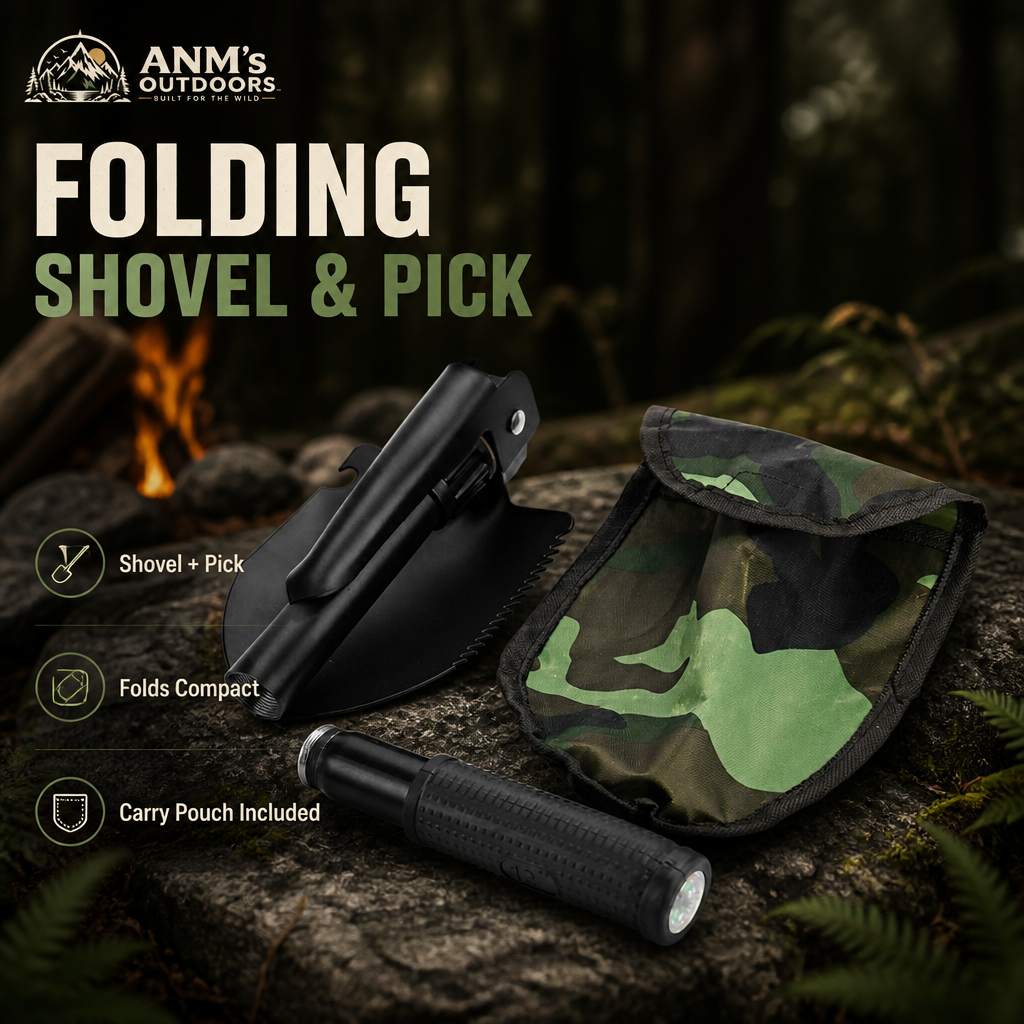 ANM's OUTDOORS folding shovel and pick ad creative with small official logo