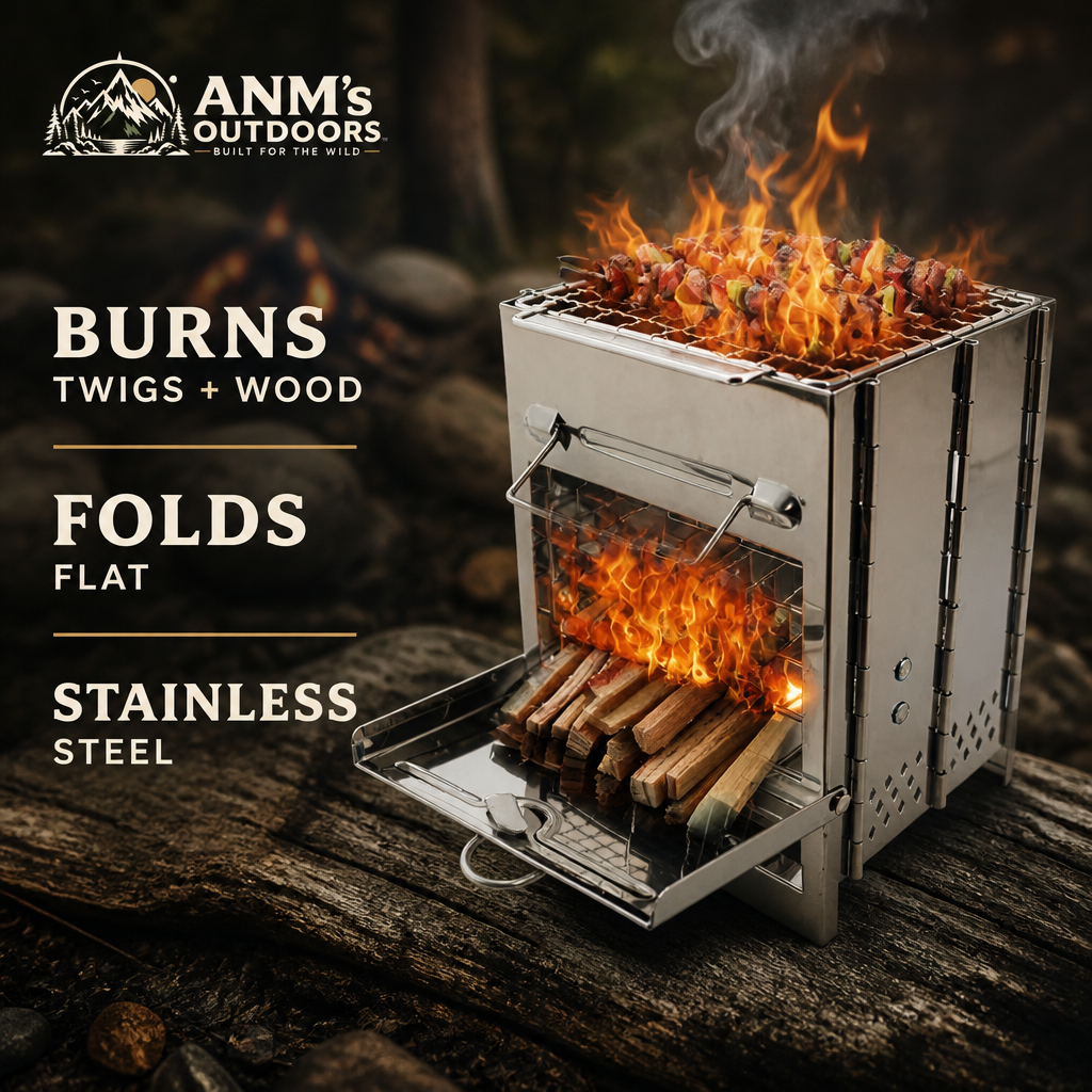 ANM's OUTDOORS folding wood-burning camping stove ad creative