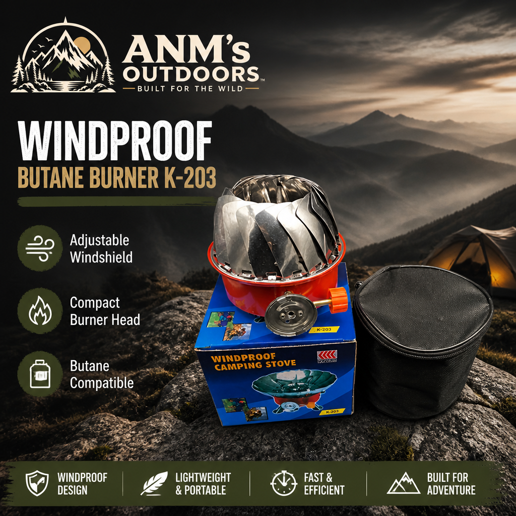 ANM's OUTDOORS K-203 windproof burner ad creative with official logo