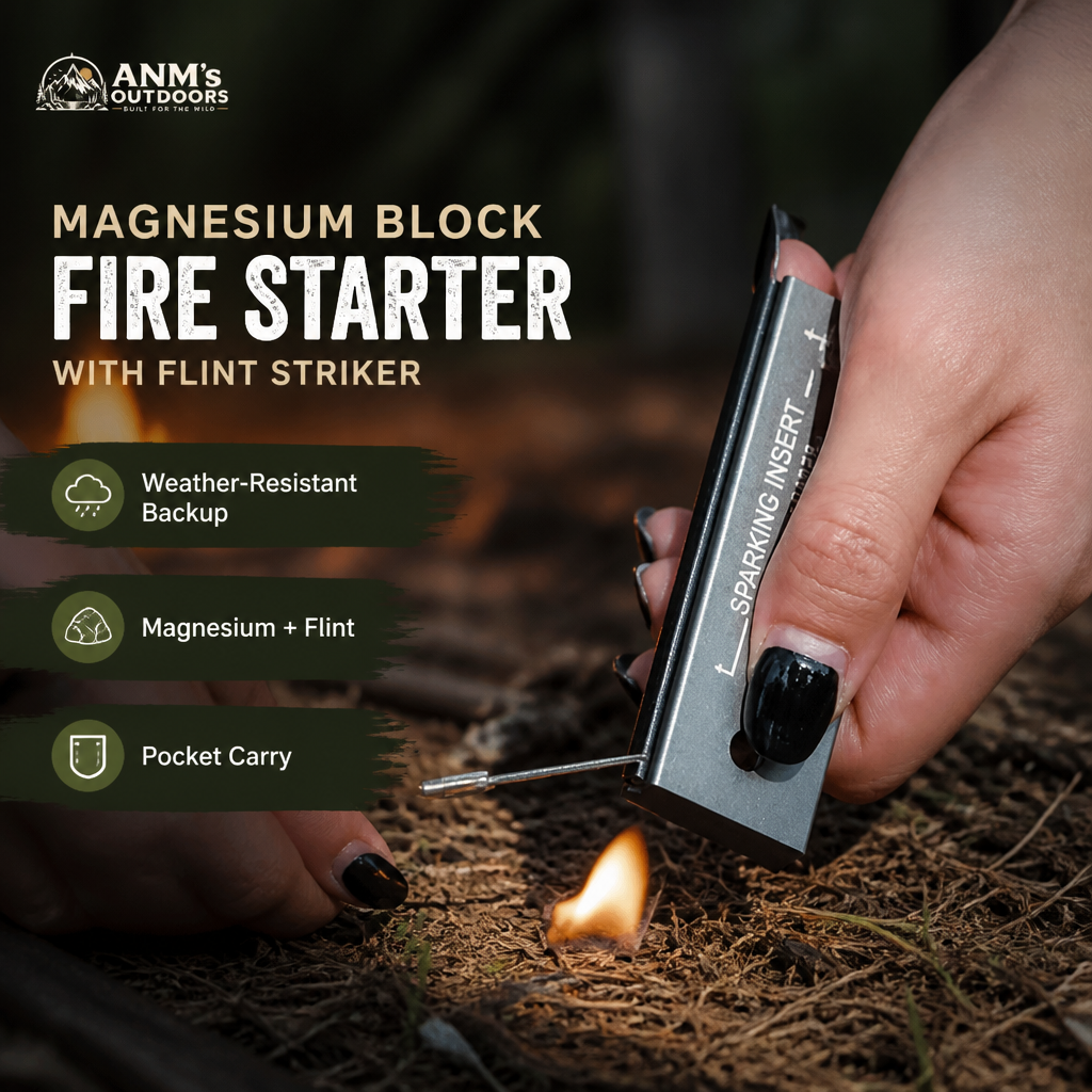 ANM's OUTDOORS magnesium block fire starter ad creative with small official logo