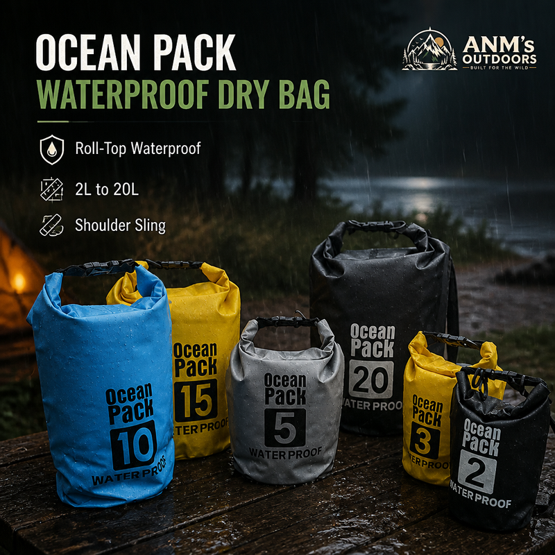 ANM's OUTDOORS Ocean Pack waterproof dry bag ad creative with small official logo