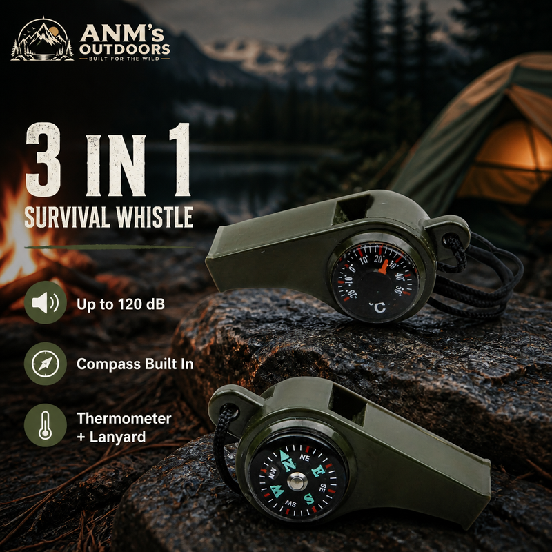 ANM's OUTDOORS 3-in-1 survival whistle ad creative with small official logo