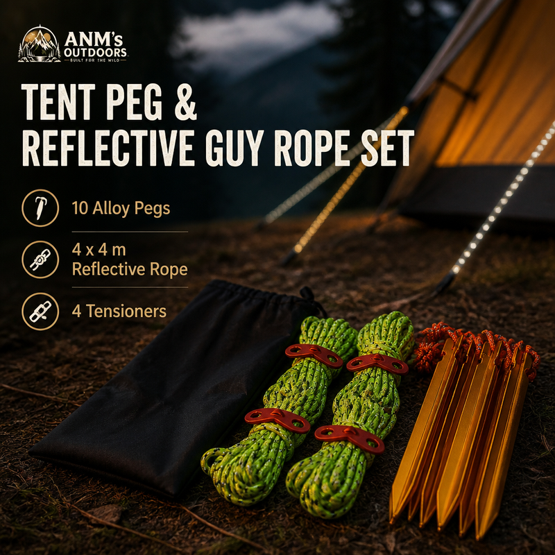 ANM's OUTDOORS tent peg and reflective guy rope set ad creative with small official logo
