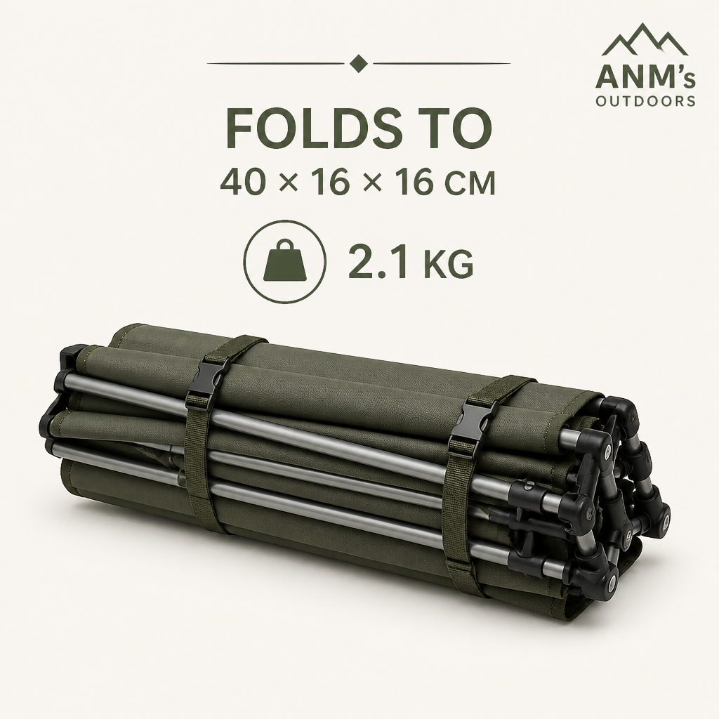 ANM's OUTDOORS Tomount folded cot portability visual