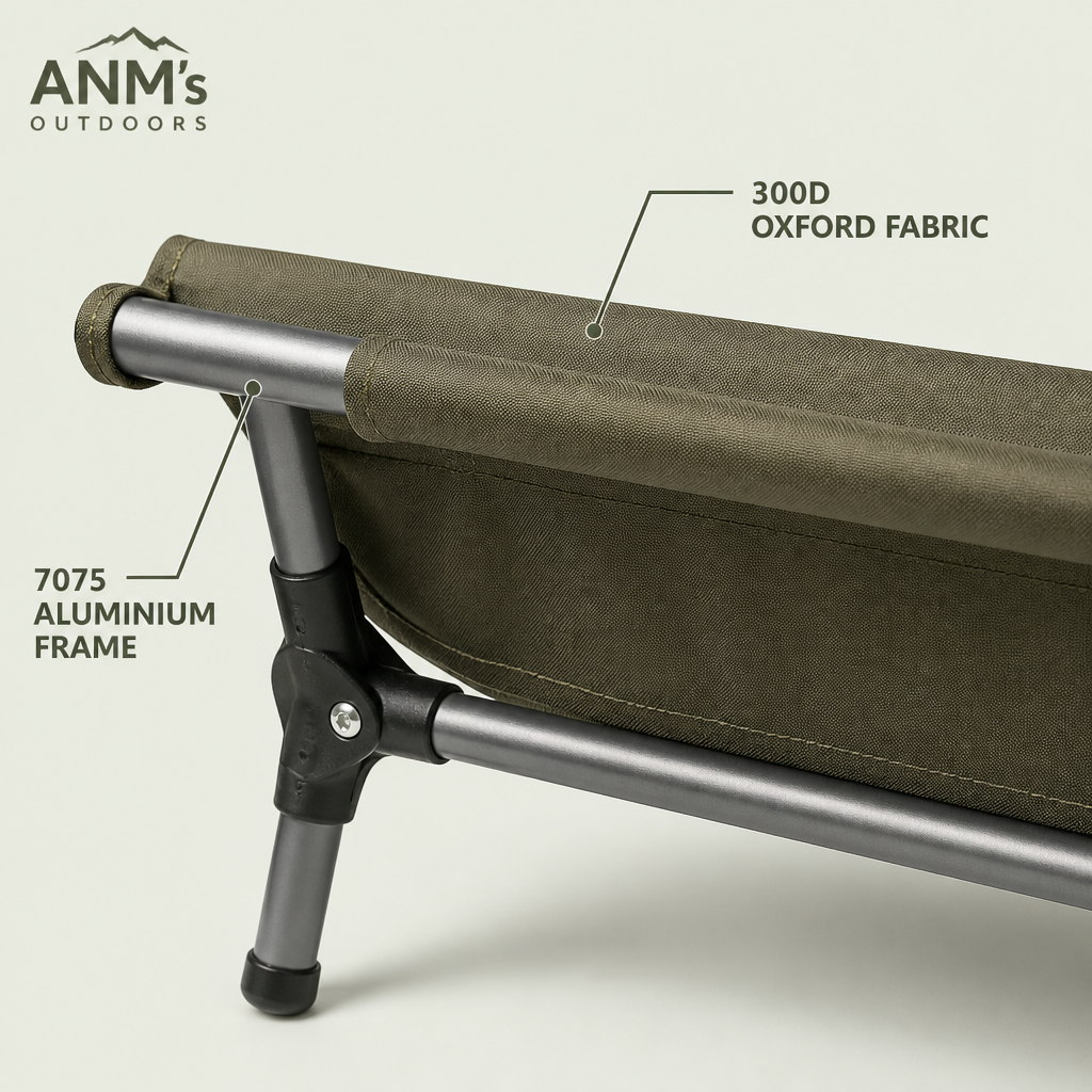 ANM's OUTDOORS Tomount cot frame and fabric detail visual