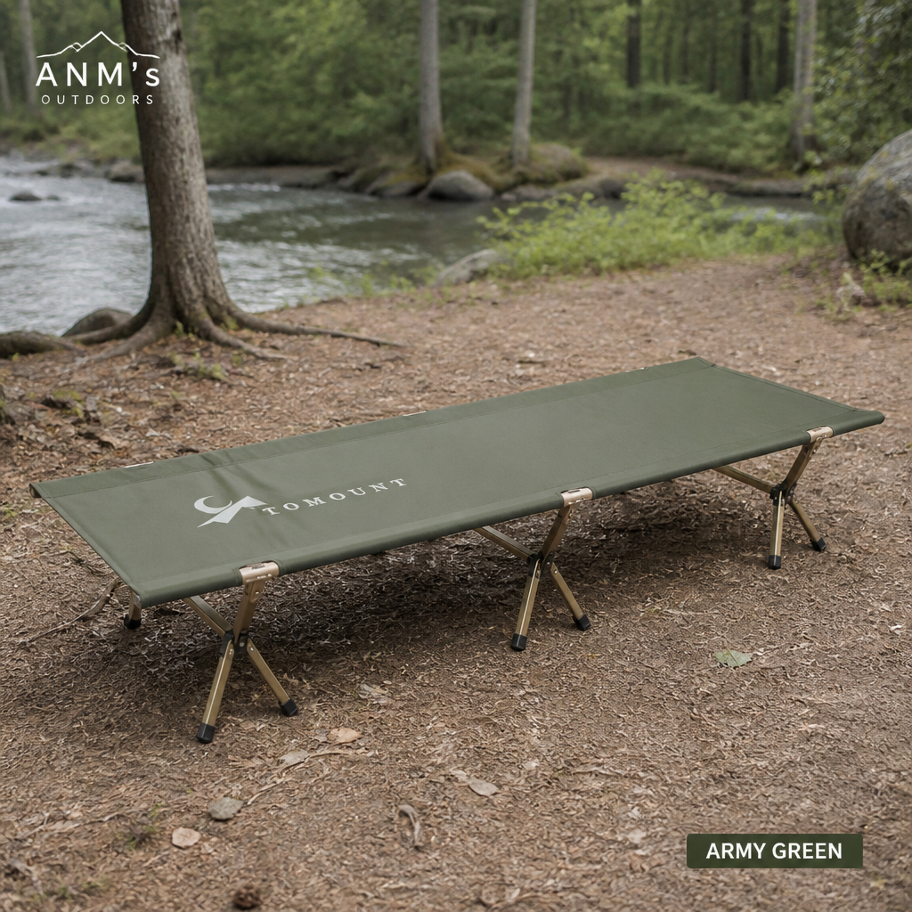 ANM's OUTDOORS Tomount Army Green camping cot in-use showcase