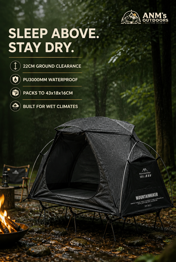ANM's OUTDOORS Mountainhiker Elevated Camping Cot Tent ad creative