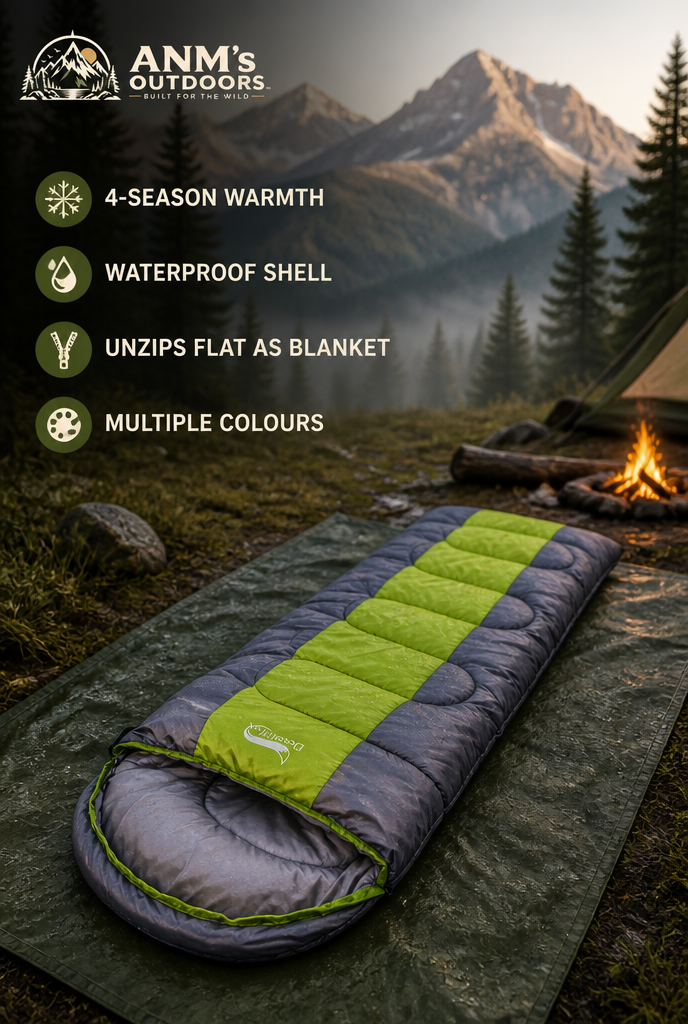 ANM's OUTDOORS 4-Season Envelope Sleeping Bag ad creative