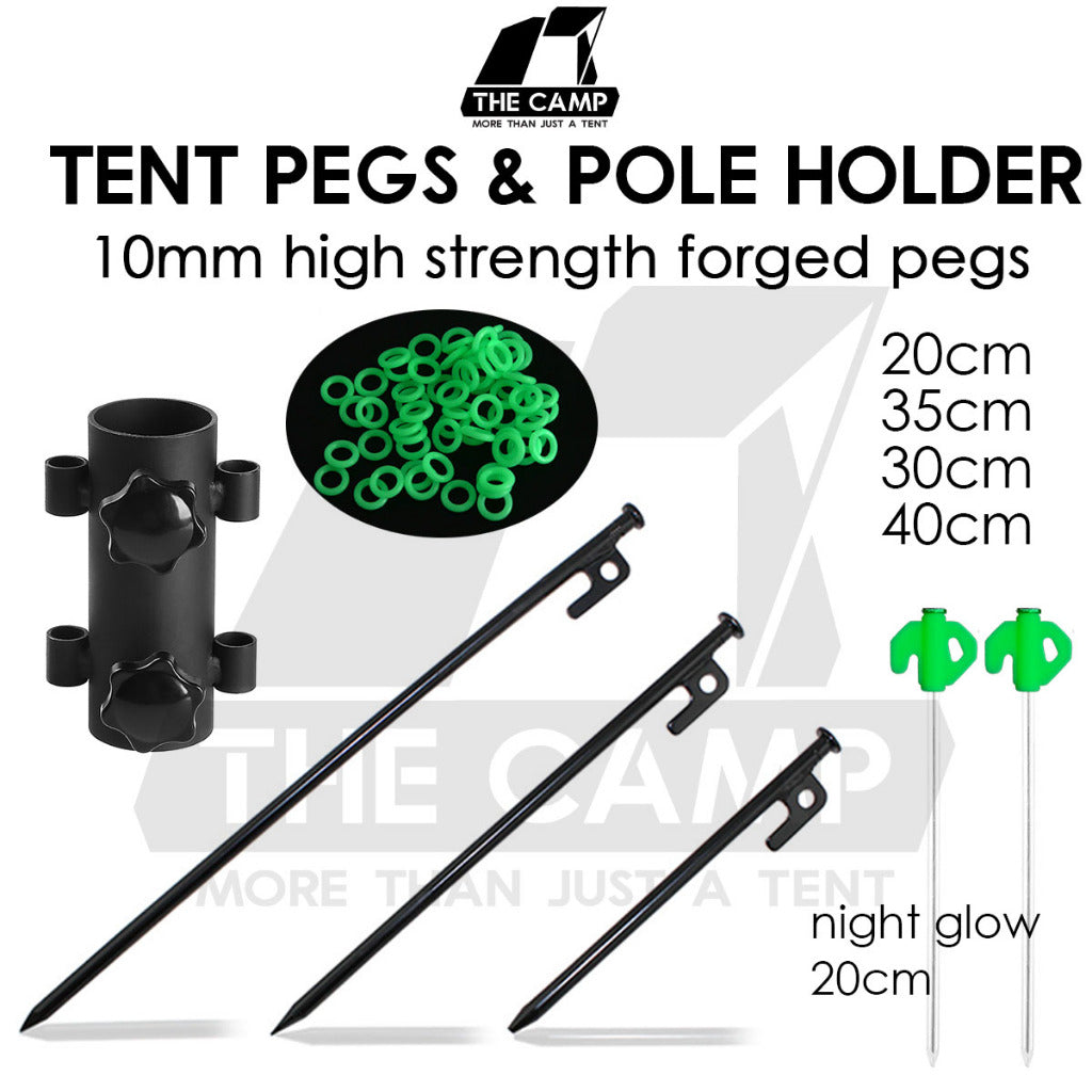 Forged steel tent pegs and pole holders
