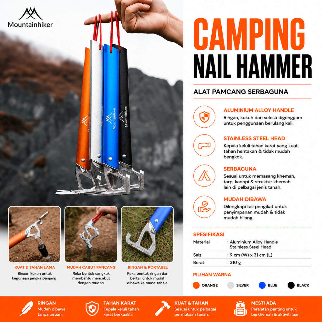 Mountainhiker stainless steel camping hammer with peg puller