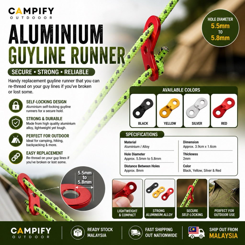 Aluminium self-locking guy line tensioner runner