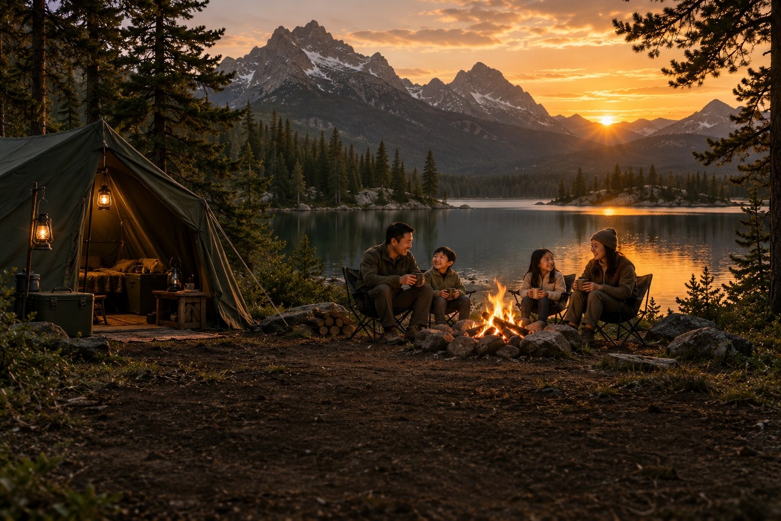 A family sharing a campfire beside a mountain lake at sunset.
